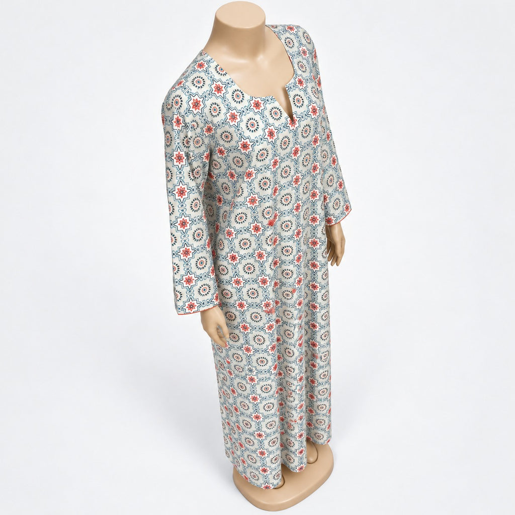 Ivory Medallion Print Maxi Dress with long sleeves - three-quarter view