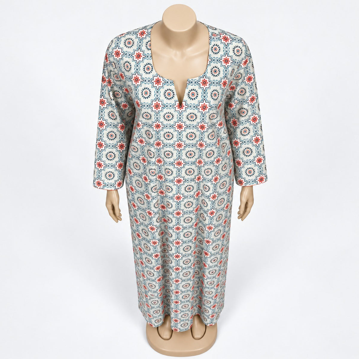 Ivory Medallion Print Maxi Dress with long sleeves - close-up of neckline and print