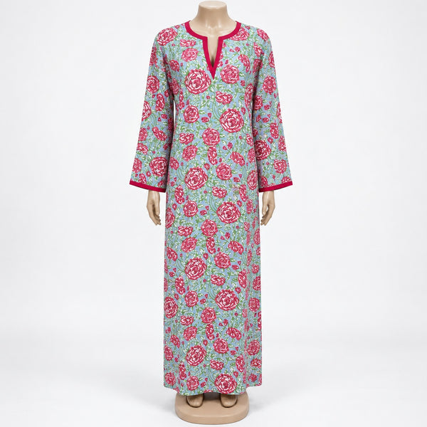 Mint Pink Rose Print Maxi Dress with long sleeves - front view