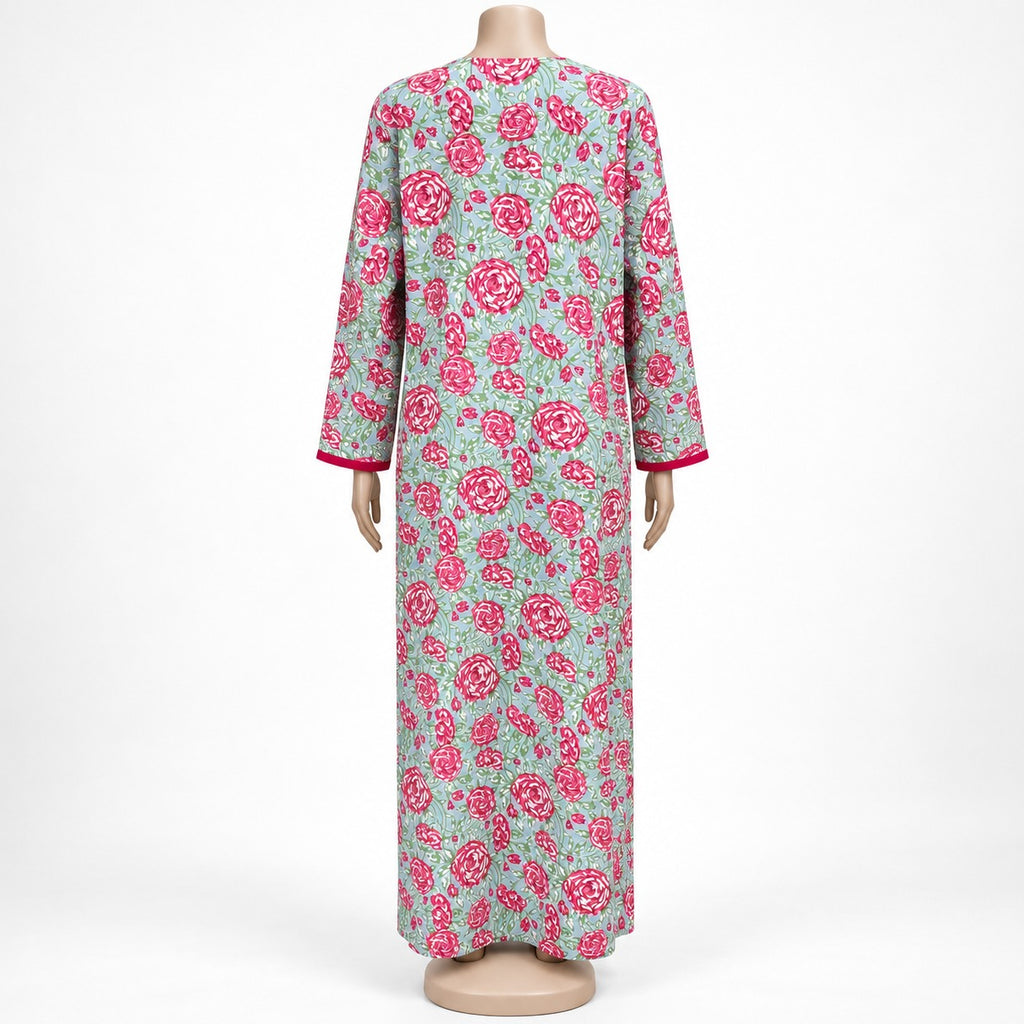 Mint Pink Rose Print Maxi Dress with long sleeves - back view