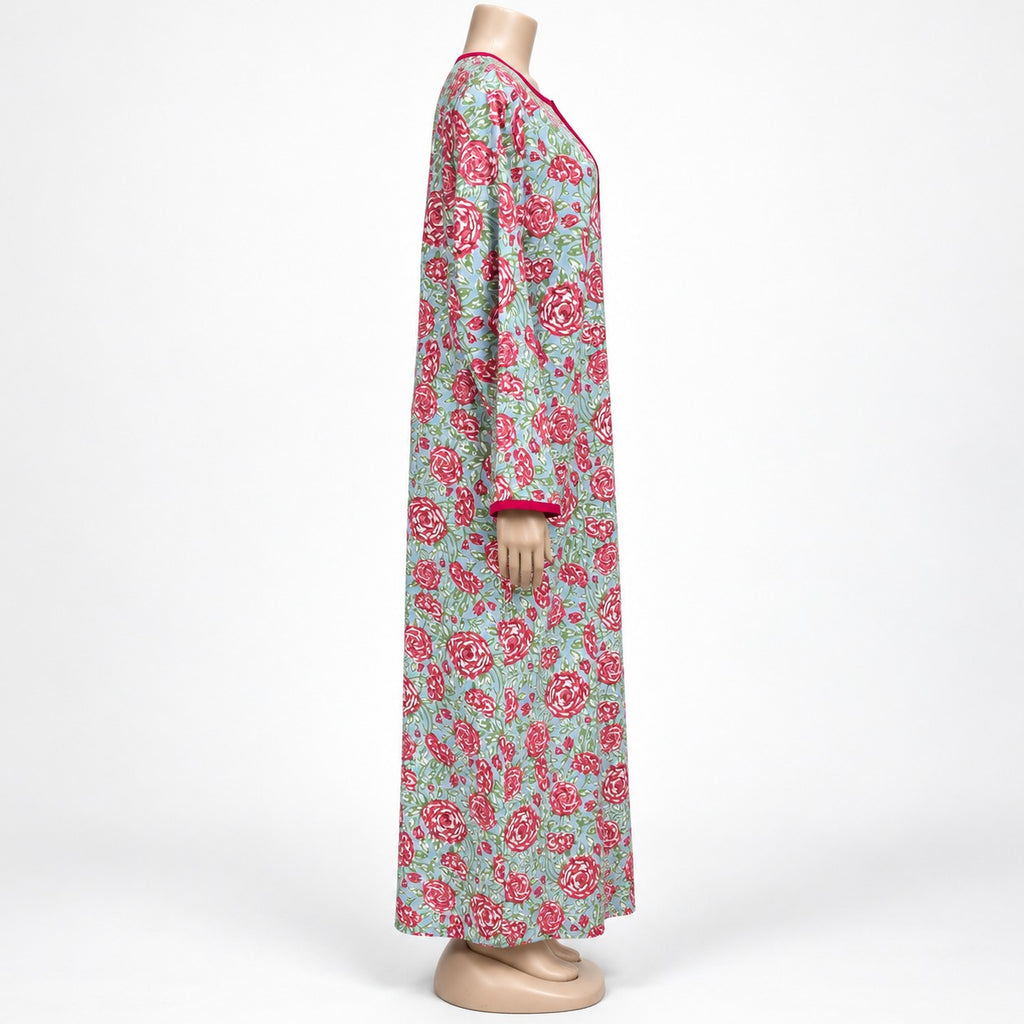 Mint Pink Rose Print Maxi Dress with long sleeves - side view