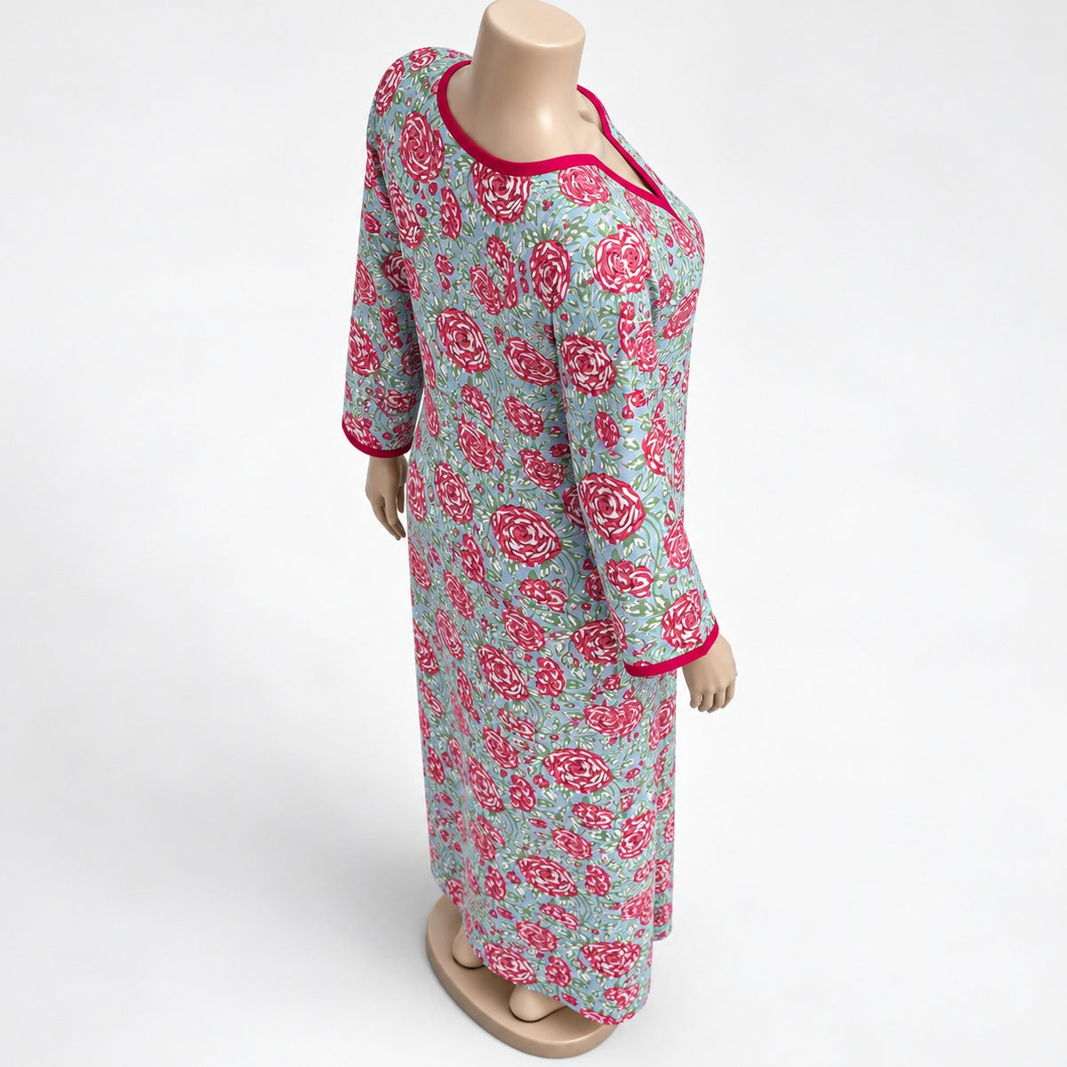 Mint Pink Rose Print Maxi Dress with long sleeves - three-quarter view