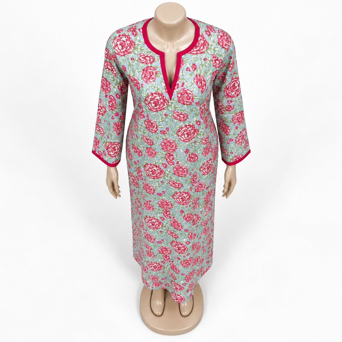 Mint Pink Rose Print Maxi Dress with long sleeves - close-up of neckline and print