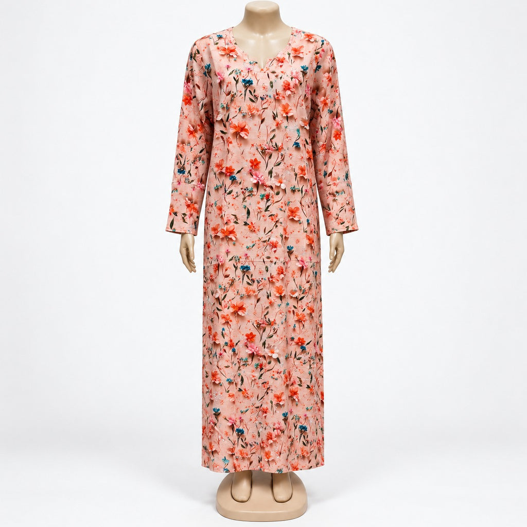 Peach Floral Print Maxi Dress with long sleeves - front view