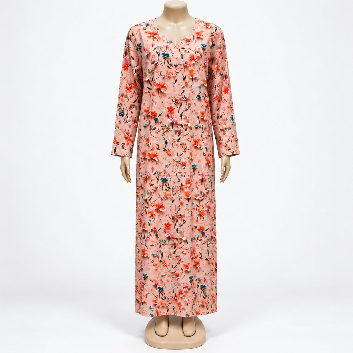 Peach Floral Print Maxi Dress with long sleeves - front view