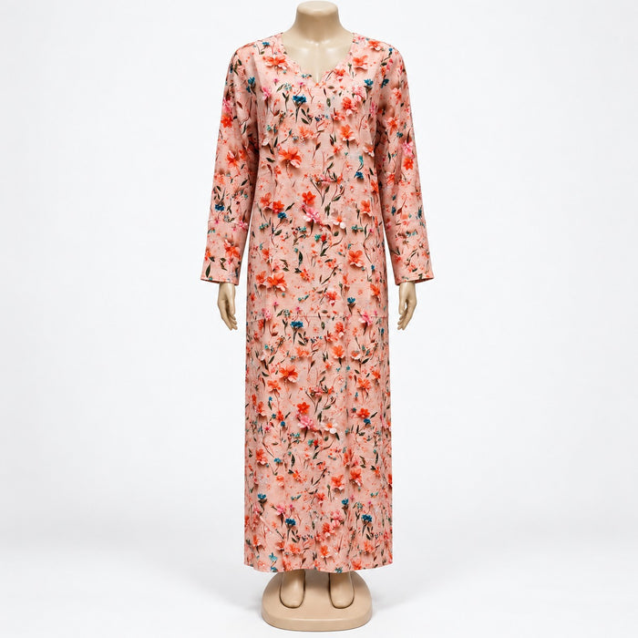 Peach Floral Print Maxi Dress with long sleeves - front view
