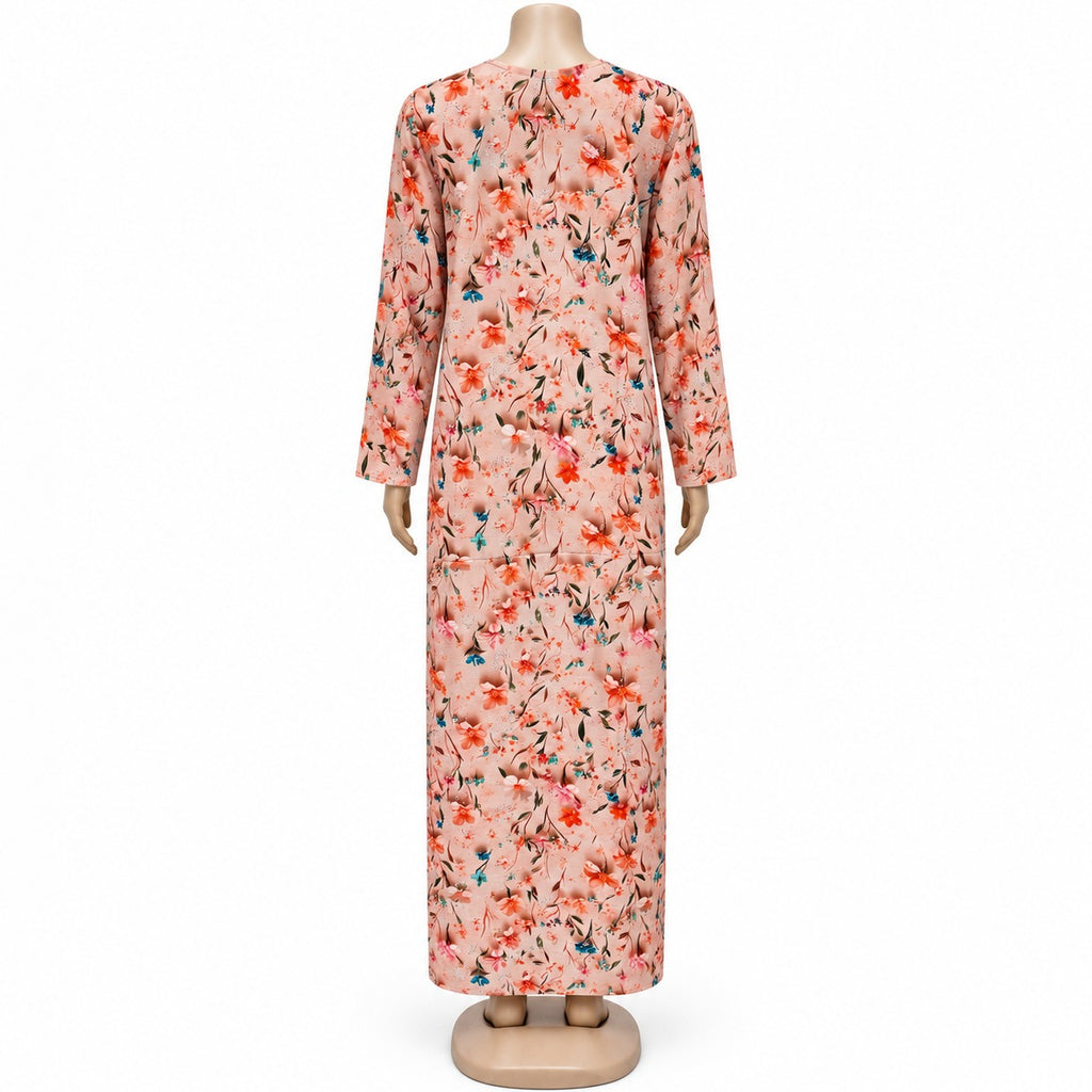 Peach Floral Print Maxi Dress with long sleeves - back view