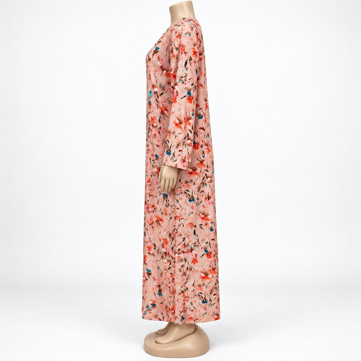 Peach Floral Print Maxi Dress with long sleeves - side view