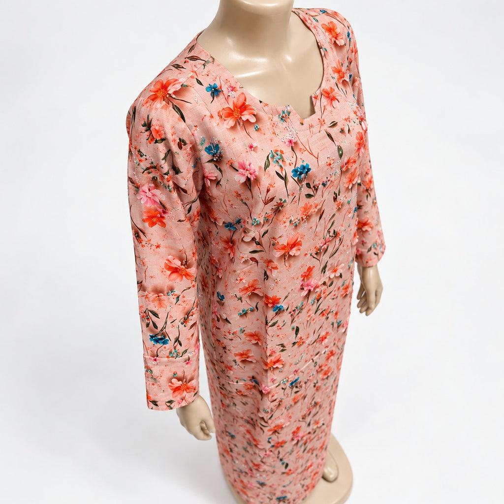Peach Floral Print Maxi Dress with long sleeves - three-quarter view