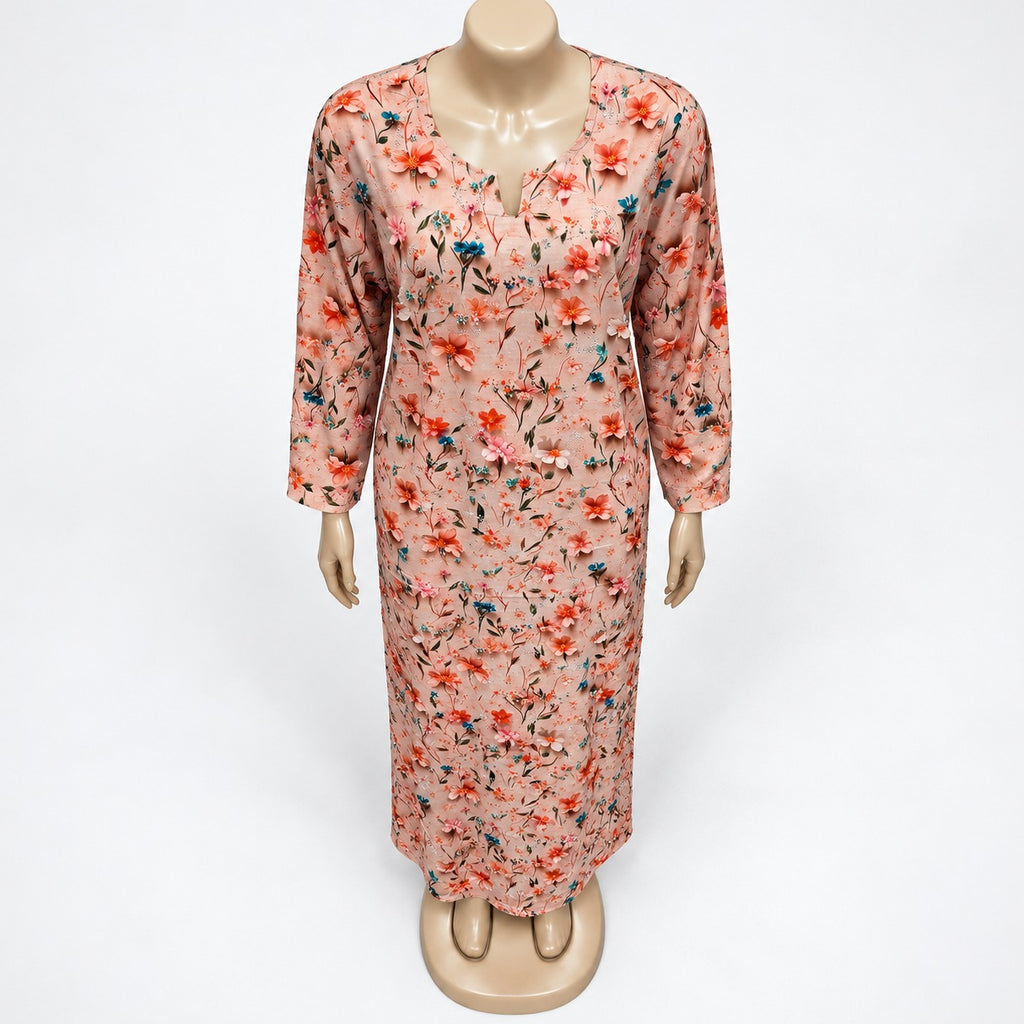 Peach Floral Print Maxi Dress with long sleeves - close-up of neckline and print