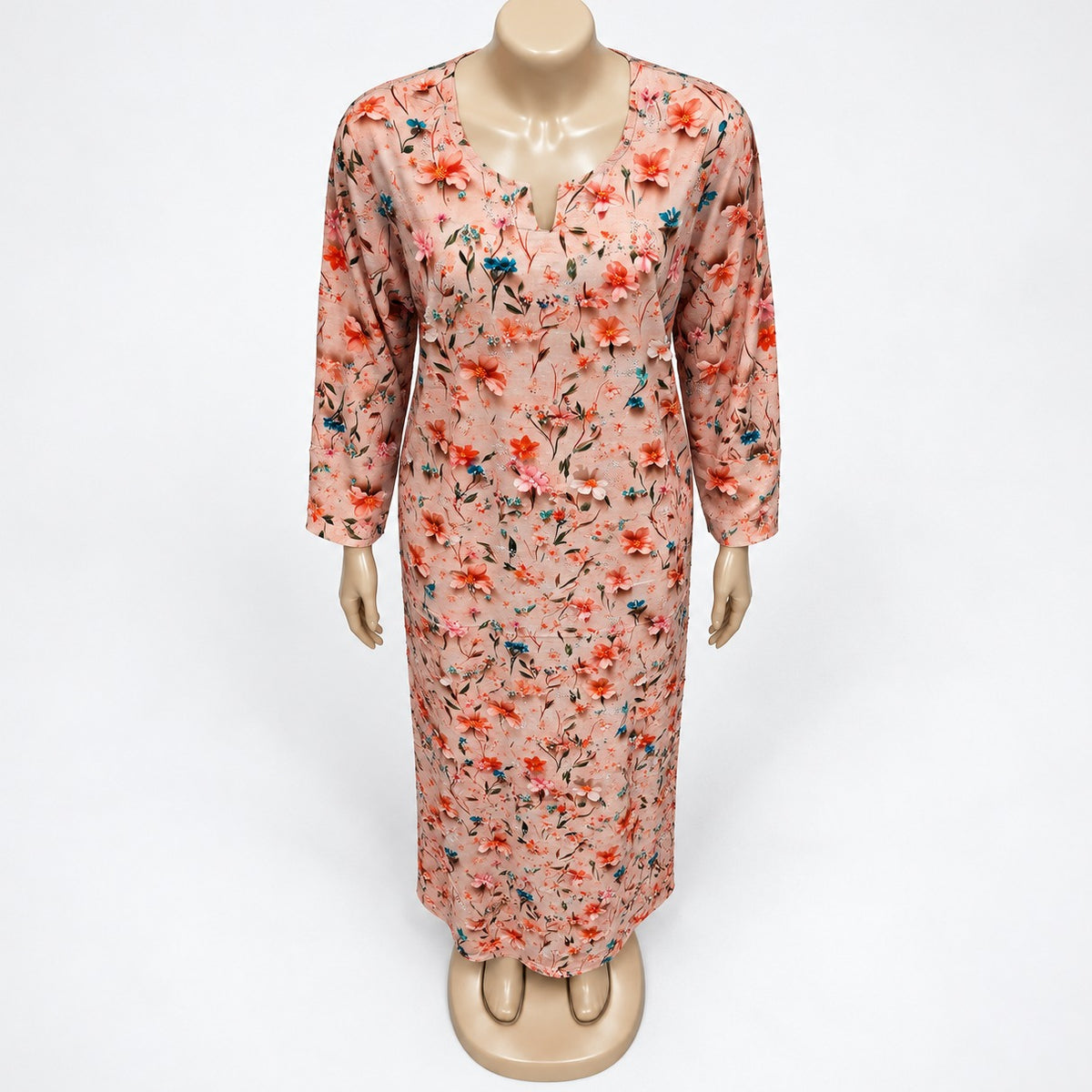 Peach Floral Print Maxi Dress with long sleeves - close-up of neckline and print