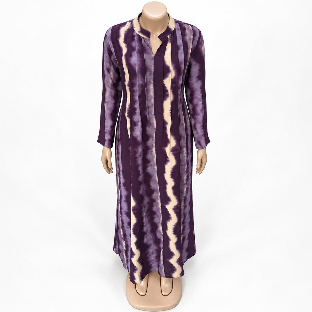 Purple Wave Stripe Maxi Dress with long sleeves - close-up of neckline and print
