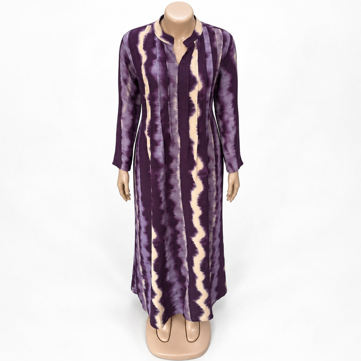 Purple Wave Stripe Maxi Dress with long sleeves - close-up of neckline and print