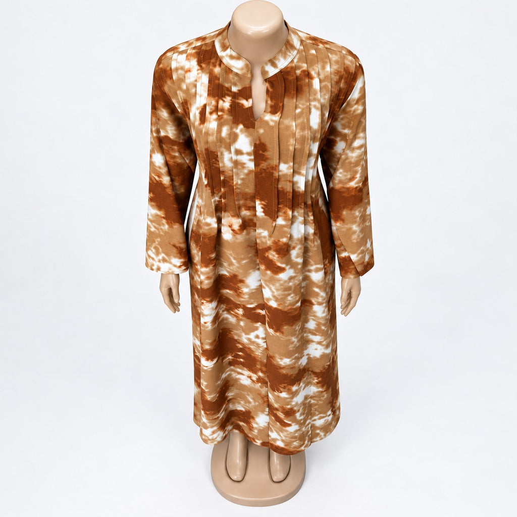 Rust Tie Dye Maxi Dress with long sleeves - close-up of neckline and print