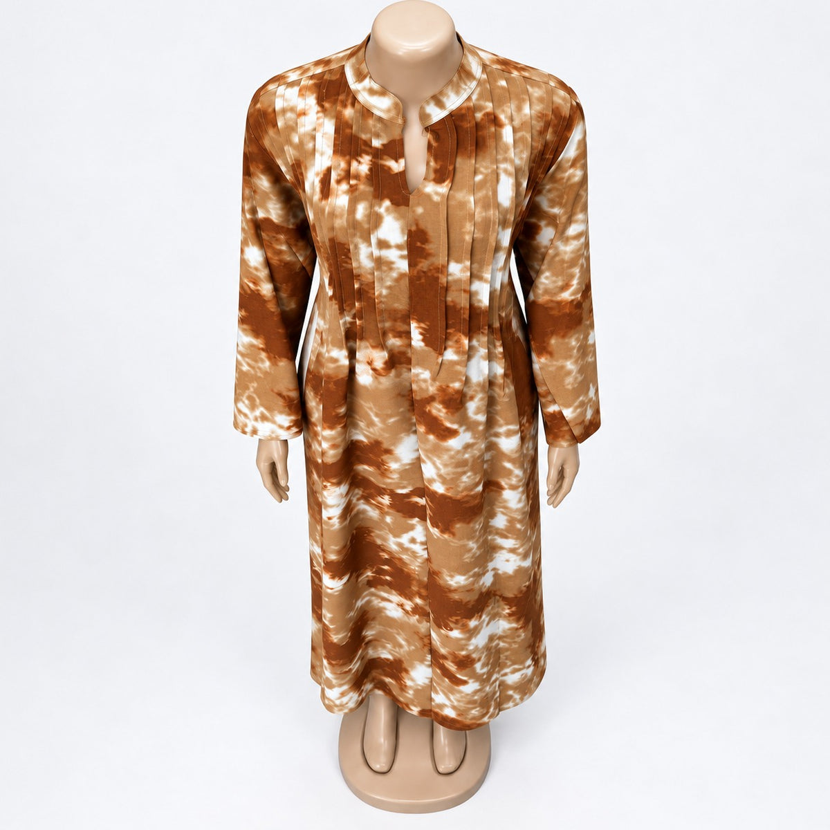 Rust Tie Dye Maxi Dress with long sleeves - close-up of neckline and print