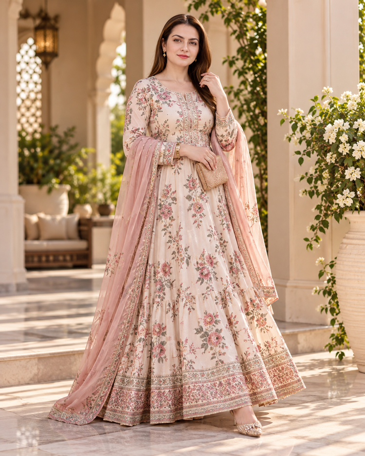 STYLRIK campaign: a floral maxi dress in a sunlit courtyard